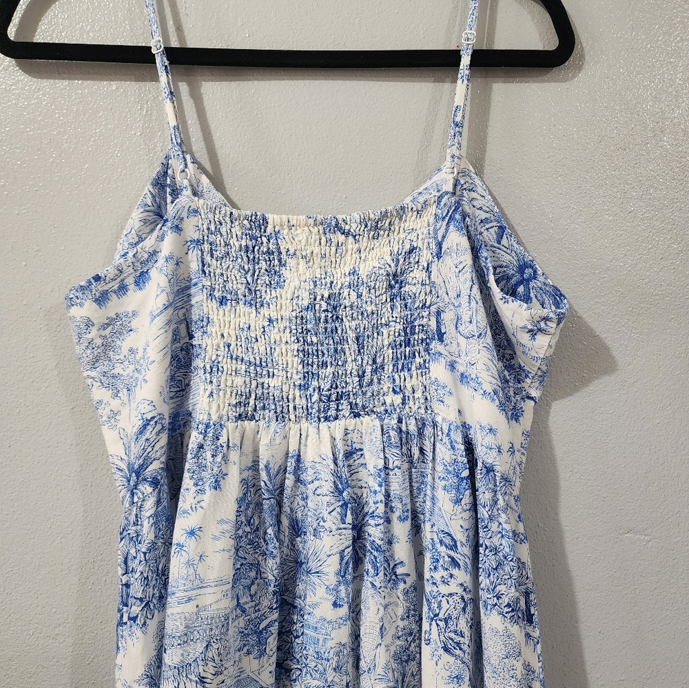 H&M White and Blue Floral Midi Sleeveless Dress Linen Blend Size 14 - Picture 5 of 13
